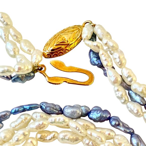 Vintage Fresh Water Pearl Necklace 3 Strands White & Blue Sterling Silver Clasp - Picture 6 of 10